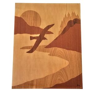 VTG Dawkins & Dawkins Inlay Wood Art Marquetry Landscape Bird Sun Mountains 1977